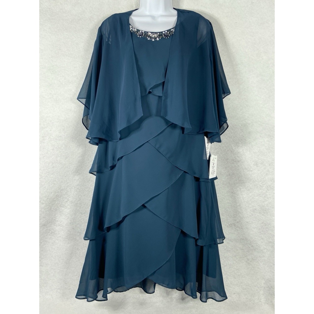SLNY 2PC Dress Set Women's 14 Teal Ruffle Beaded Rhinestone Long Sleeve New